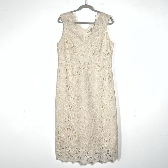 Vince Nouveau Cotton Lace Midi Dress Sz 12 Cream V-Neck Sleeveless - Picture 3 of 16